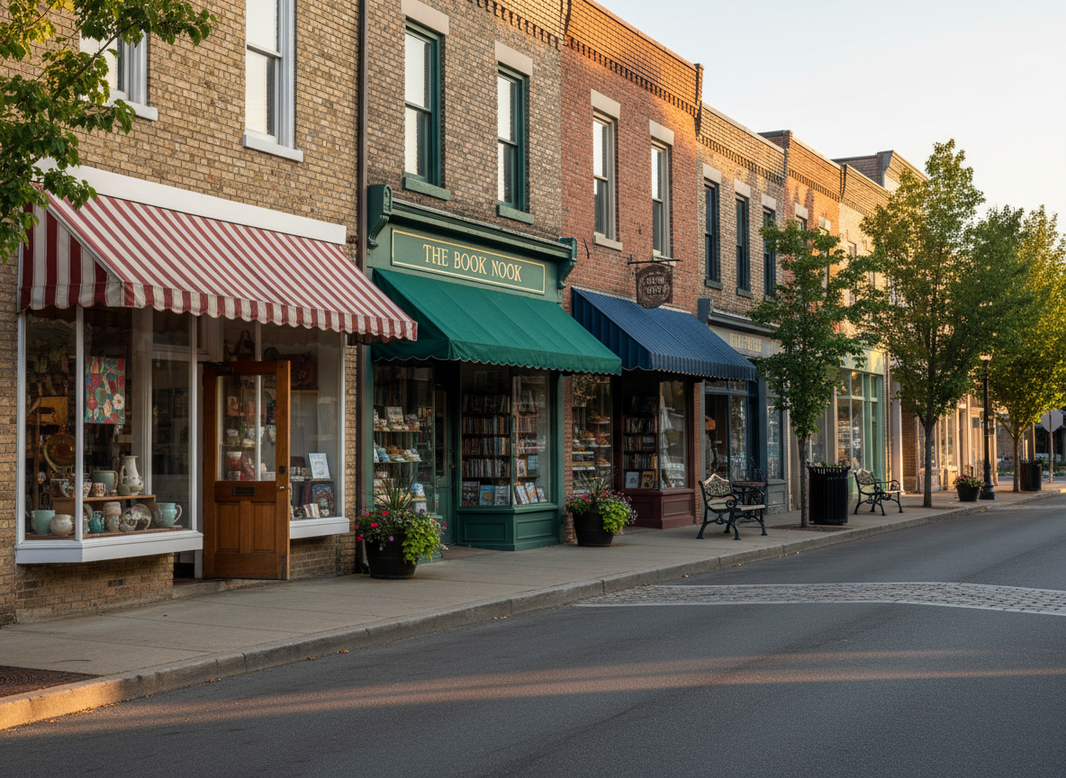 A welcoming streetscape of several small brick-and-mortar storefronts, each with unique awnings and clean glass windows displaying local goods, captured with photographic realism. The camera is at eye level from the opposite sidewalk, showing a quiet, tree-lined main street with planters, benches, and a neatly swept curb. Late afternoon natural light casts long, soft shadows and a warm golden tone across the scene, bringing out textures in brick, wood, and metal. The mood is professional yet inviting, suggesting a tightly knit business district. Composition follows the rule of thirds, with crisp focus on the nearest shop entrance and a gentle falloff into the distance, creating depth without any people in view.