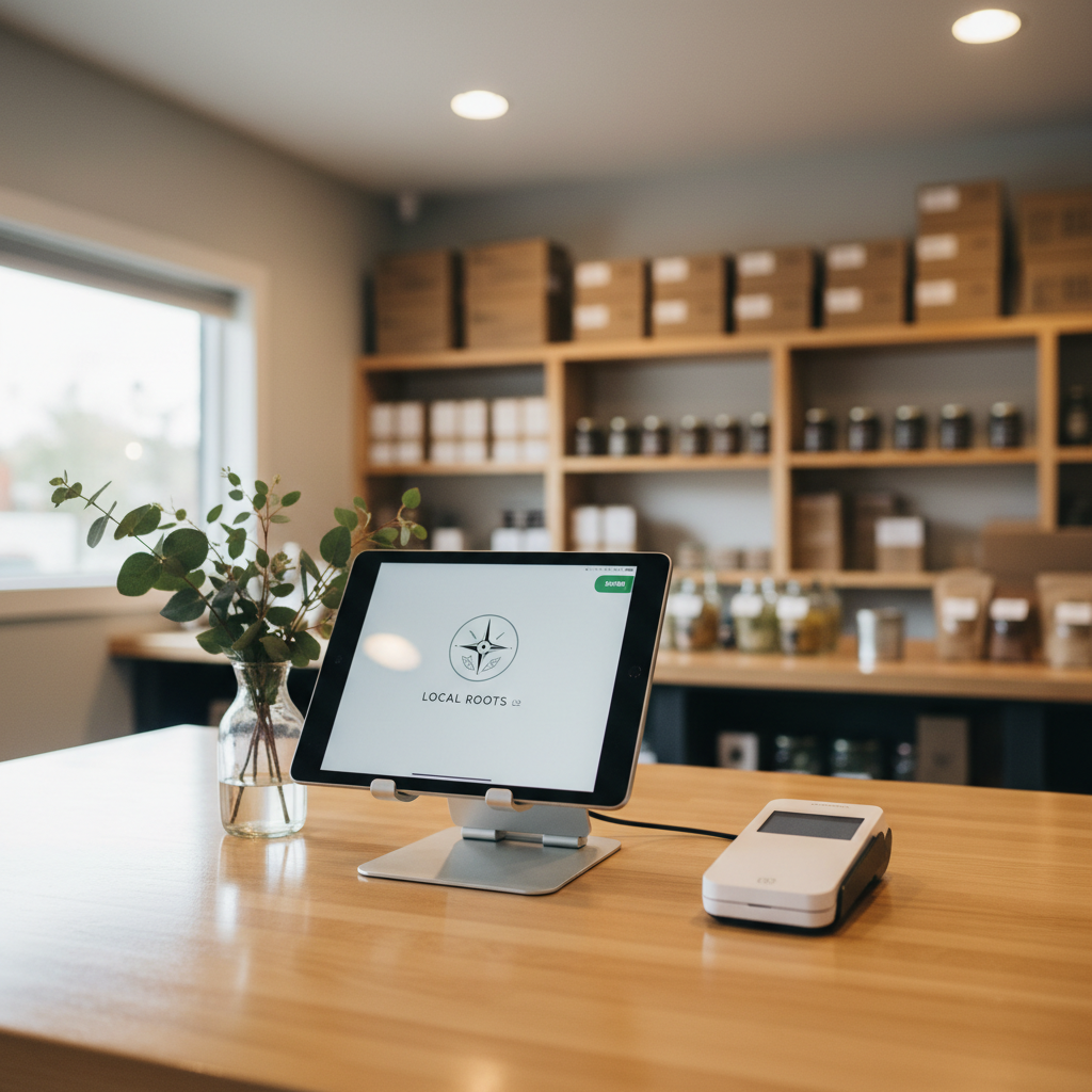 A close-up, owner’s-eye view of a small business counter setup, showcasing a smooth wooden countertop with a sleek, powered-on tablet stand, a simple card reader, and a small vase of fresh greenery, all meticulously arranged. The background includes blurred hints of shelves and neatly stacked boxes, suggesting efficient operations. Natural window light from the left mixes with soft ceiling lighting, creating clean highlights on glass and metal surfaces while keeping shadows gentle and professional. Shot from a slightly elevated angle, the composition centers on the transaction area, with a shallow depth of field that isolates the tools of business connection. The atmosphere conveys reliability, modernity, and community-focused service without showing any human hands or faces.
